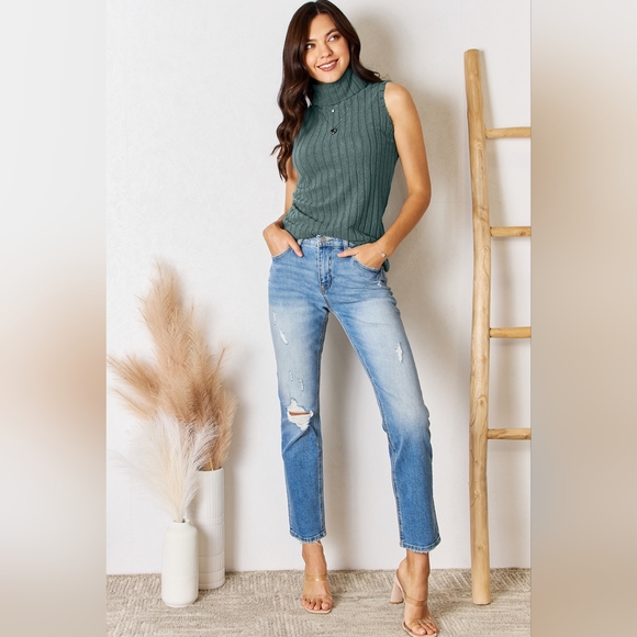 Basic Bae French Blue Full Size Ribbed Turtleneck Tank - Picture 5 of 6